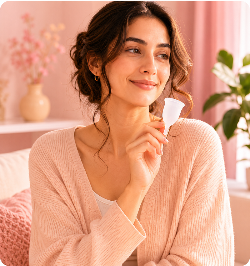 Woman holding a Flo Angel menstrual cup for customer support and menstrual cup guidance