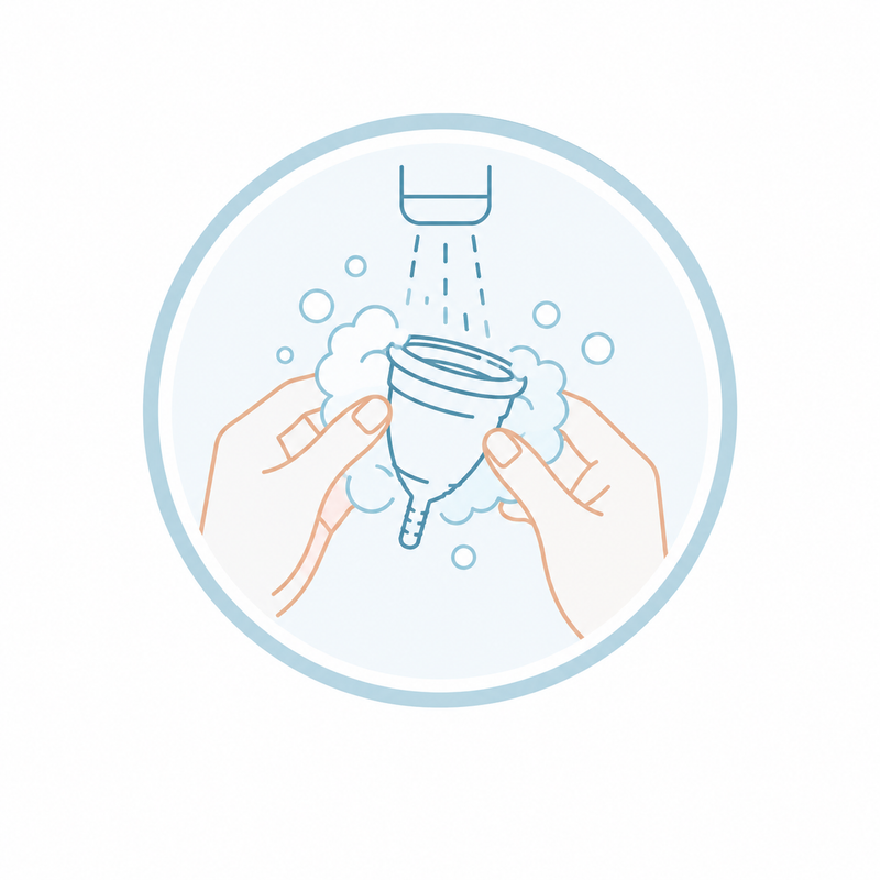 Step 1 showing how to wash and sanitize a menstrual cup before first use for safe reusable period care