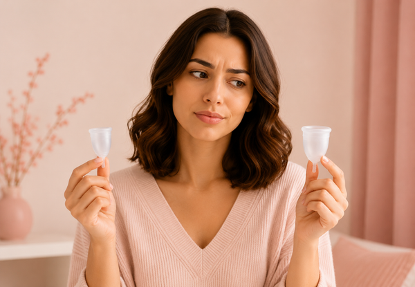 Woman comparing menstrual cup sizes to choose the right fit