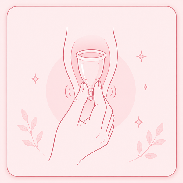 Step 3 showing how to pinch the base of a reusable period cup to release suction and remove it comfortably