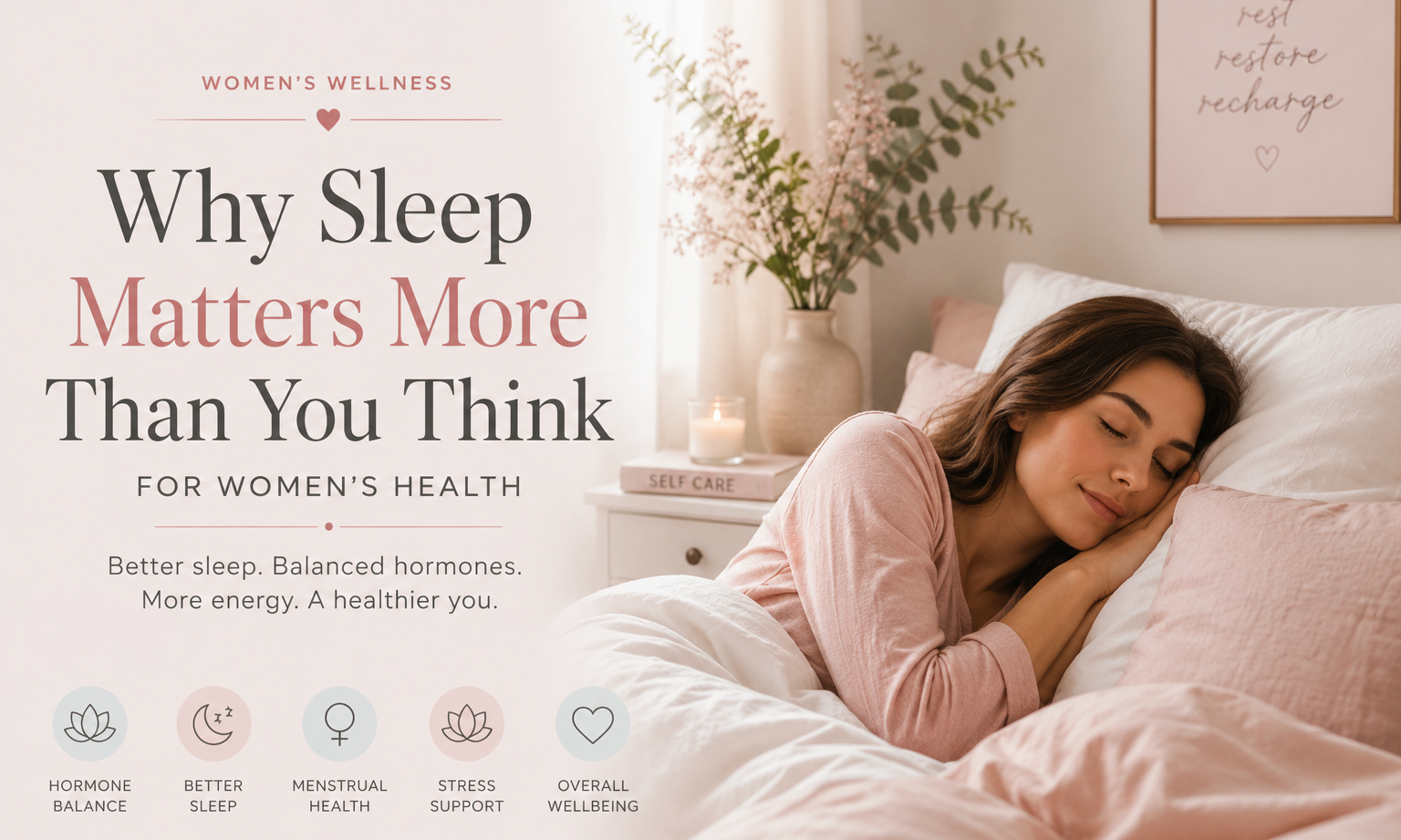 Woman sleeping peacefully in a soft pastel bedroom, representing the importance of sleep for hormone balance, energy, and women’s health.
