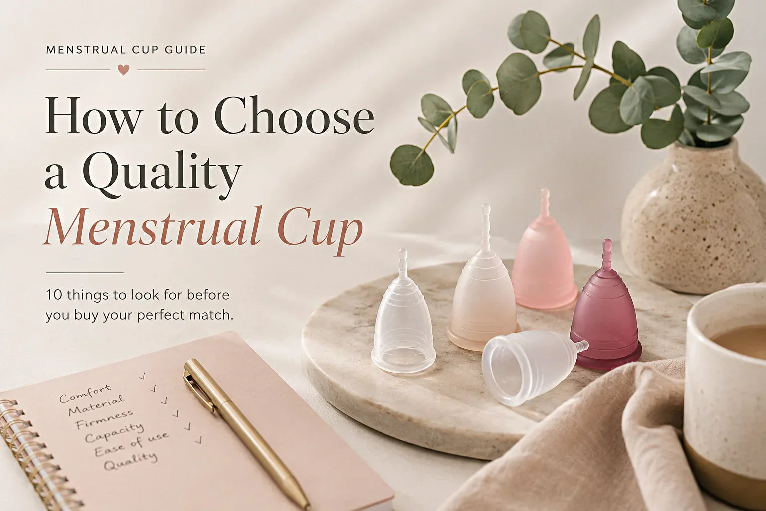 Selection of menstrual cups beside a checklist notebook, illustrating how to choose a quality menstrual cup by comparing design, material, comfort and overall quality before buying.
