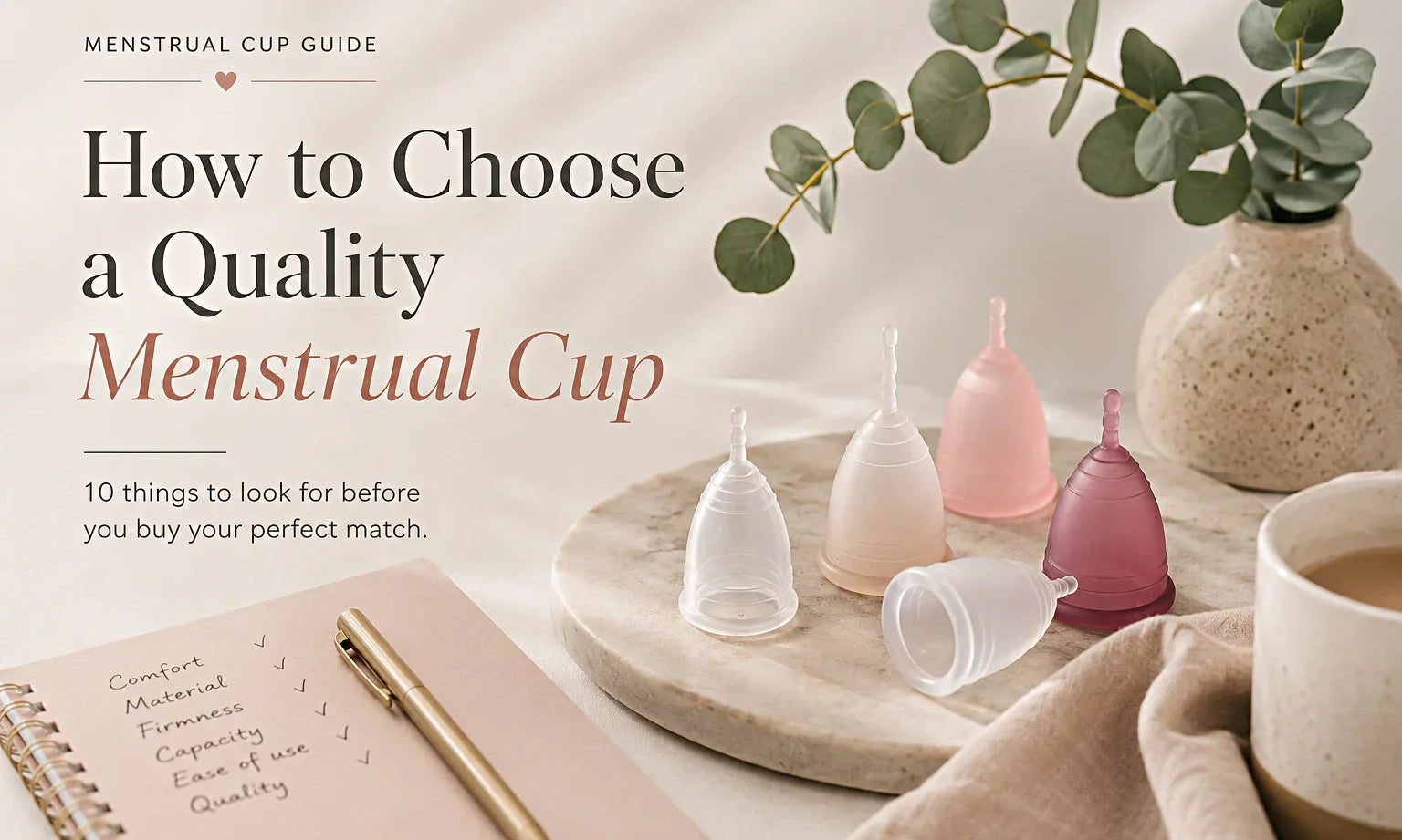Selection of menstrual cups beside a checklist notebook, illustrating how to choose a quality menstrual cup by comparing design, material, comfort and overall quality before buying.