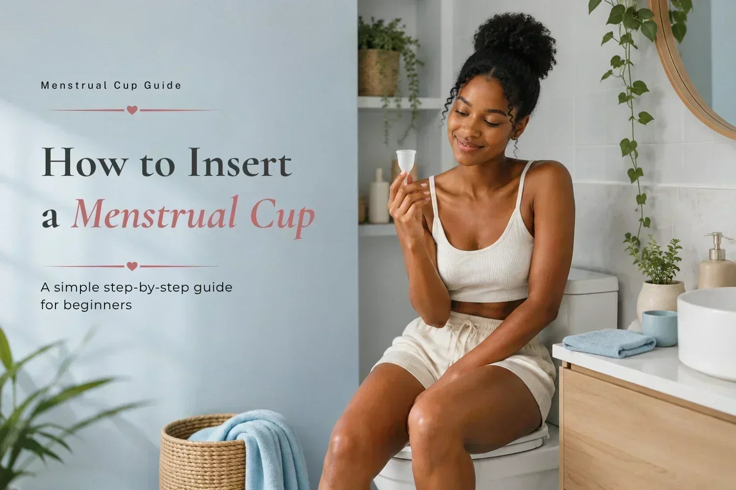 Woman holding a menstrual cup in a bathroom for a beginner's guide to menstrual cup insertion