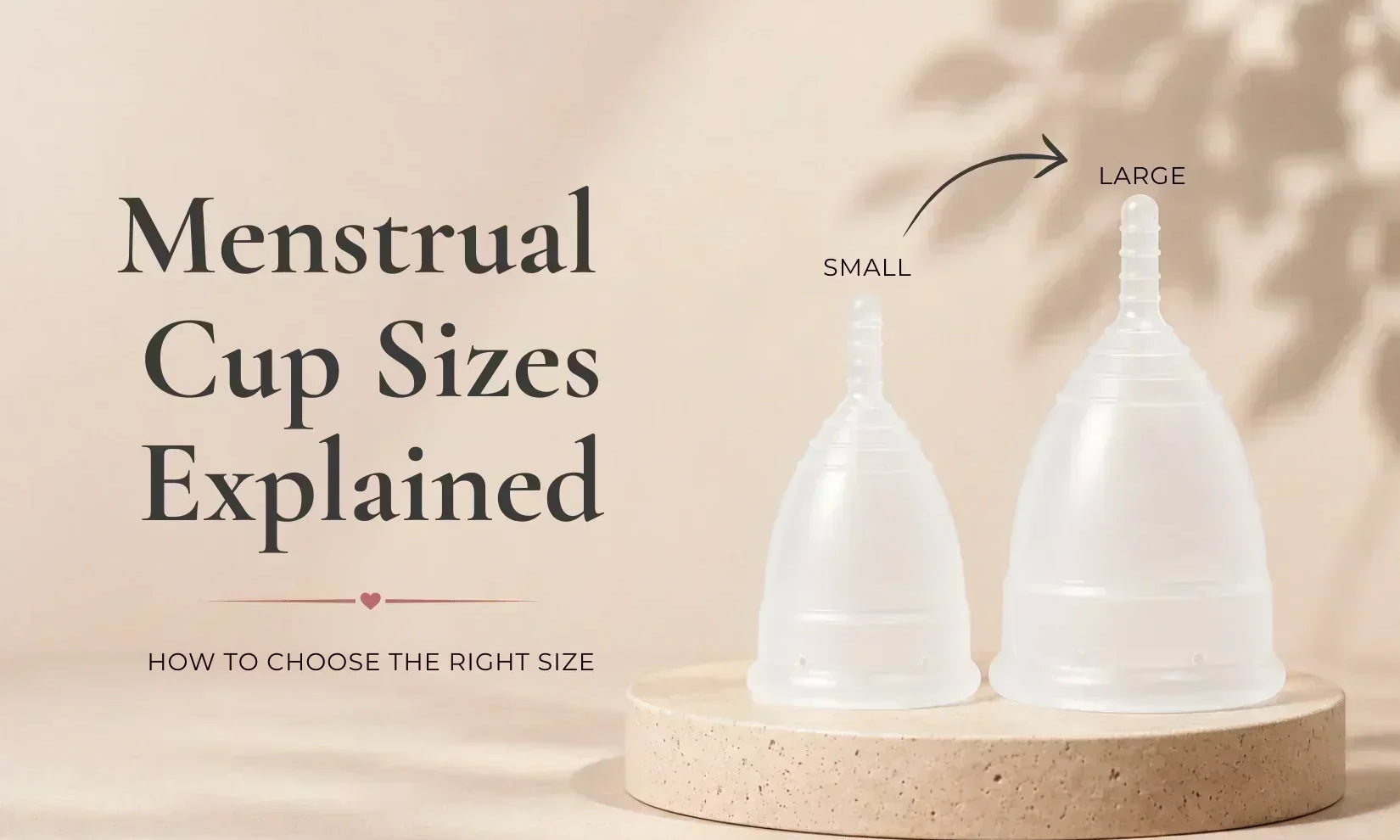 Small and large Flo Angel menstrual cups on a neutral stone pedestal for a menstrual cup size guide.