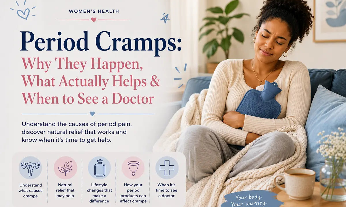 Young South African woman holding a hot water bottle to relieve period cramps. Learn what causes menstrual cramps, natural pain relief options, and when to see a doctor