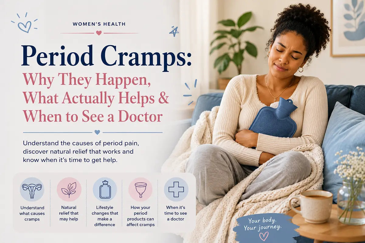 Young South African woman holding a hot water bottle to relieve period cramps. Learn what causes menstrual cramps, natural pain relief options, and when to see a doctor