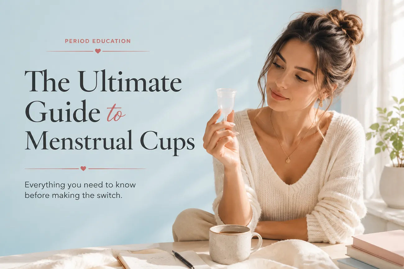 Woman holding a clear menstrual cup with the title "The Ultimate Guide to Menstrual Cups