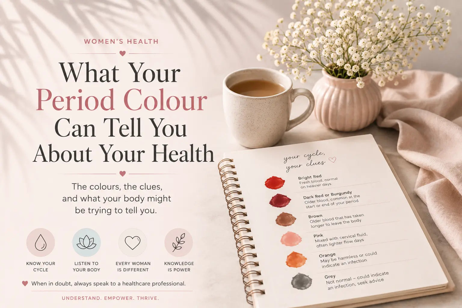 Visual guide to period colour meanings, showing different menstrual blood colours and what they may indicate about women's health.
