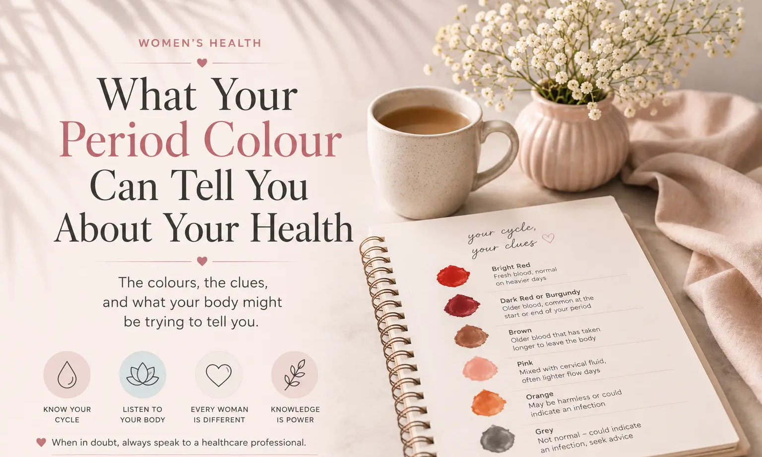 Visual guide to period colour meanings, showing different menstrual blood colours and what they may indicate about women's health.