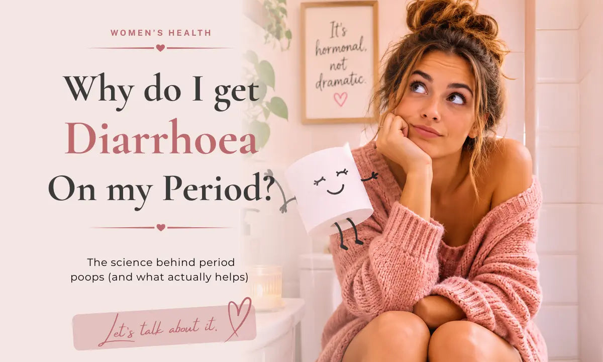 Lifestyle illustration of a woman during her period with educational information about period diarrhoea, digestive changes during menstruation, hormones and women's health.