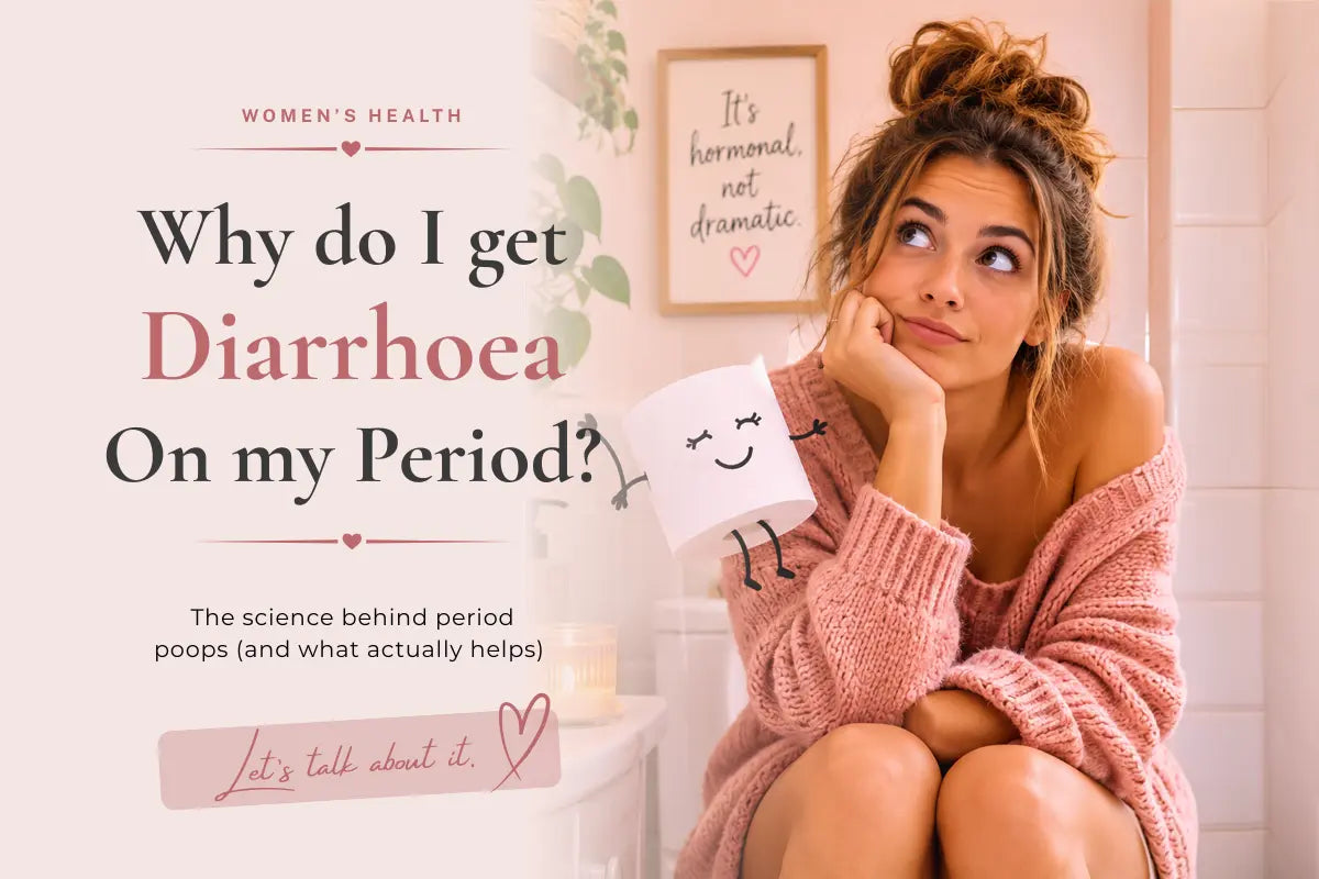 Lifestyle illustration of a woman during her period with educational information about period diarrhoea, digestive changes during menstruation, hormones and women's health.