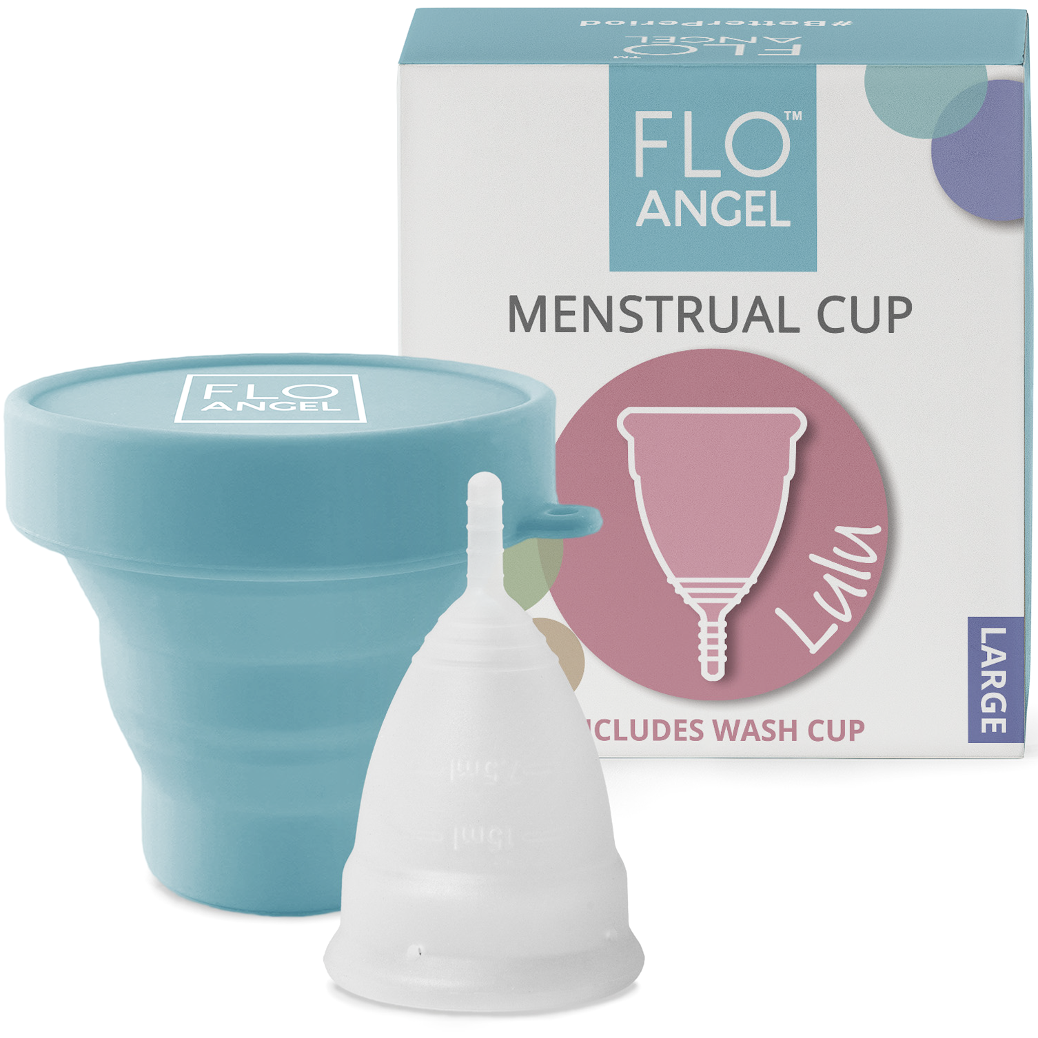 Flo Angel large Menstrual Cup Set with reusable menstrual cup and collapsible steriliser cup including packaging box.