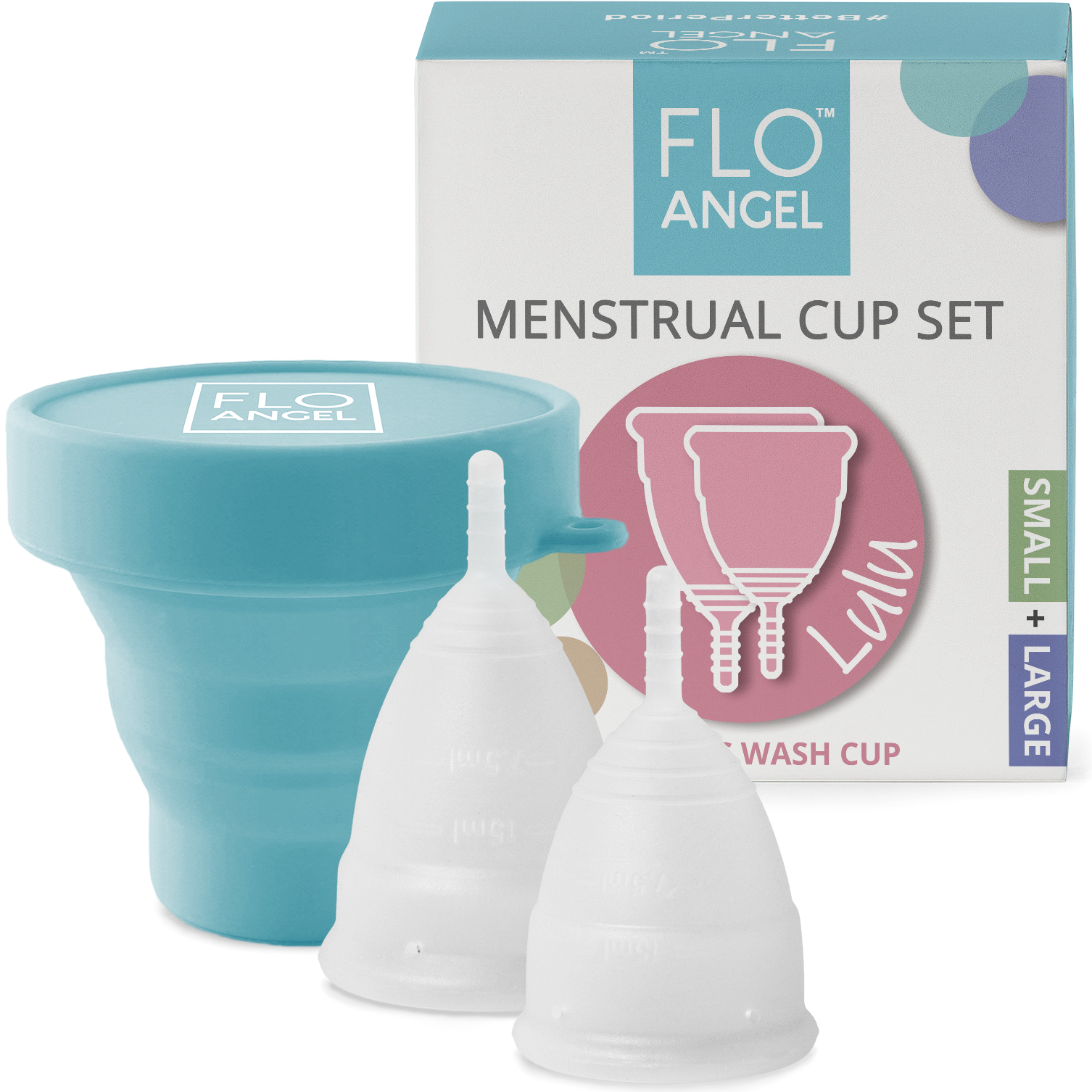 Flo Angel South Africa reusable menstrual cup set with box and small and large menstrual cups and silicone sterilizer cup