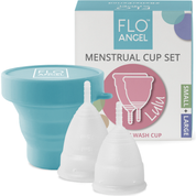 Flo Angel South Africa reusable menstrual cup set with box and small and large menstrual cups and silicone sterilizer cup