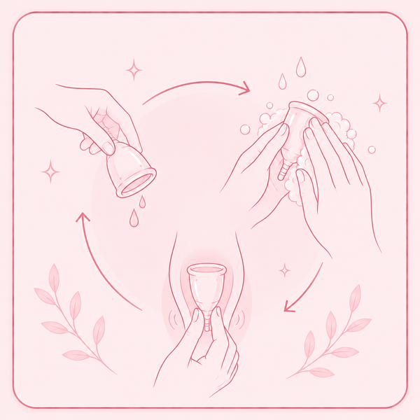 Step 4 showing how to empty, wash and reinsert a reusable period cup during your cycle