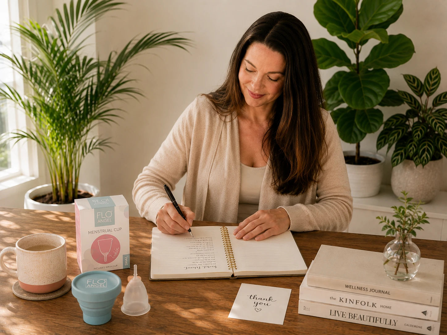 Flo Angel founder Isabel writing notes while developing and testing menstrual cups in her bright home office workspace.