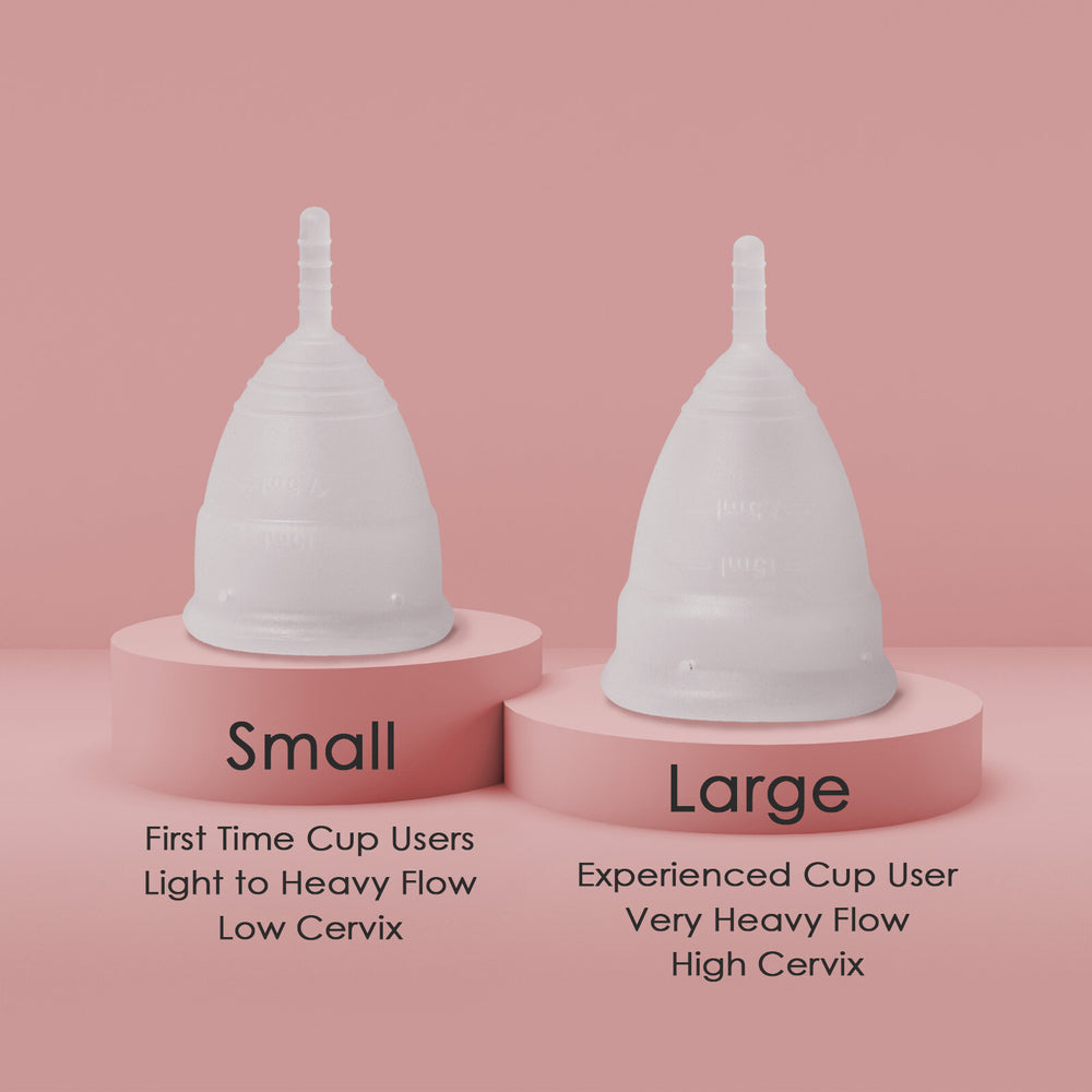 Flo Angel menstrual cup size guide comparing small and large cup sizes
