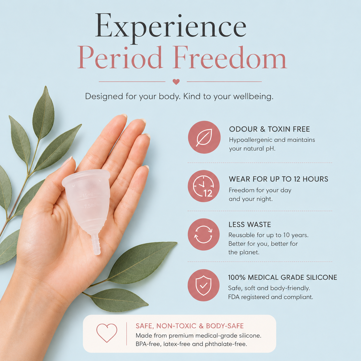Flo Angel reusable menstrual cup made from medical grade silicone for up to 12 hours of comfortable period protection