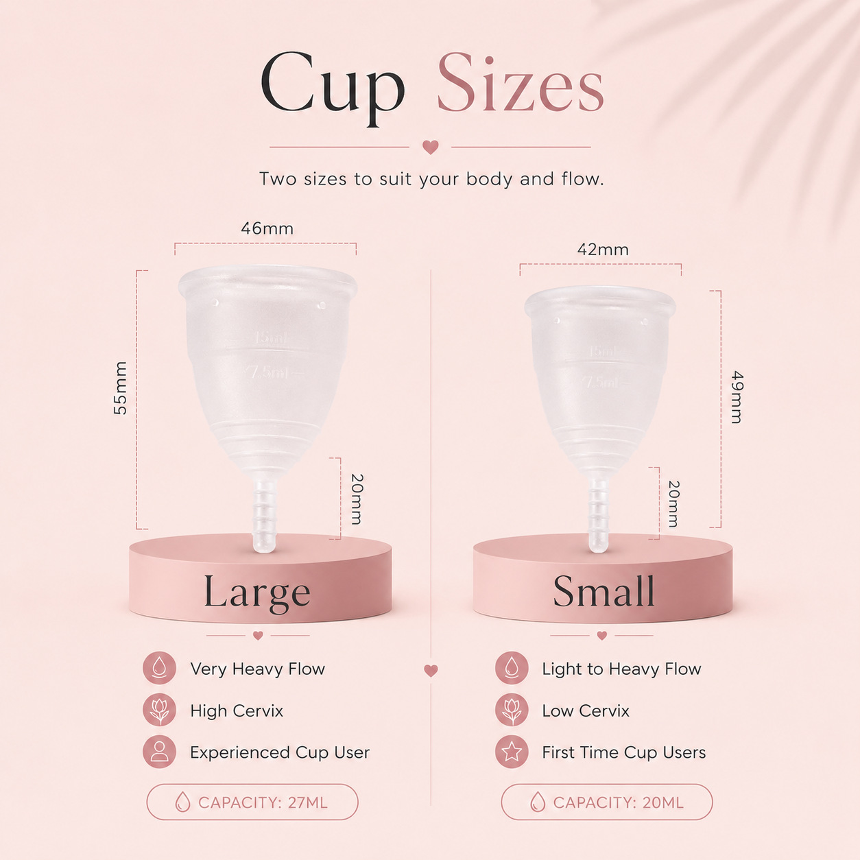 Flo Angel menstrual cup size guide comparing small and large reusable menstrual cup options with measurements