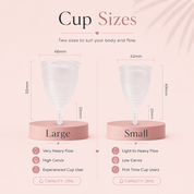 Flo Angel menstrual cup size guide comparing small and large reusable menstrual cup options with measurements