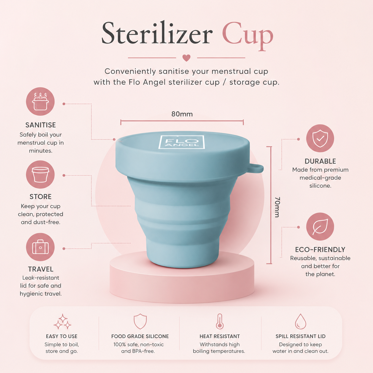 Flo Angel silicone sterilizer cup for sanitising, storing and travelling with your menstrual cup
