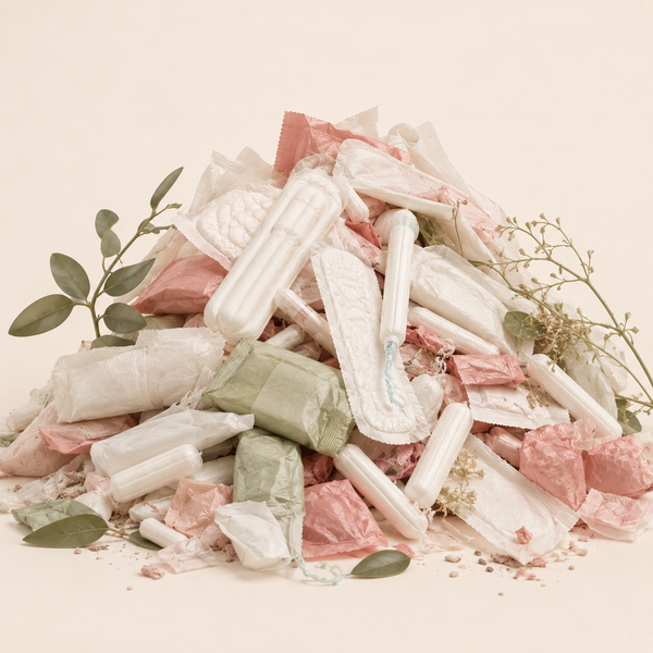 Pile of pads and tampons showing the environmental waste caused by disposable period products compared to reusable menstrual cups