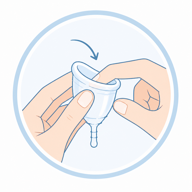 Step 3 showing how to do the punch down fold on a menstrual cup for easier insertion and beginner-friendly period care