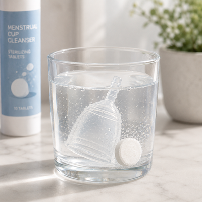 Menstrual cup sanitised using a sterilising solution