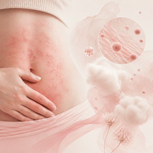 Illustration showing skin irritation and cramping linked to tampon sensitivities and chemical additives in period products