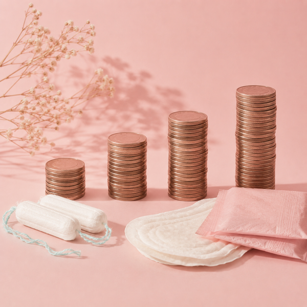 Pads and tampons next to stacked coins showing the long-term cost of period care products