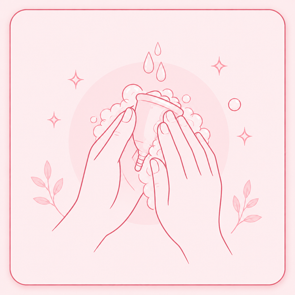 Step 1 showing hands washing a reusable period cup before safe removal and cleaning